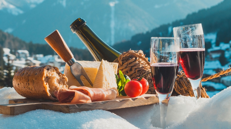 Lambrusco Italian sparkling red wine with food outdoors