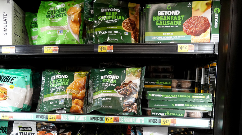 Assortment of Beyond Meat products in grocery store freezer