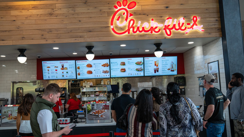 Customers lining up inside Chick-fil-A location