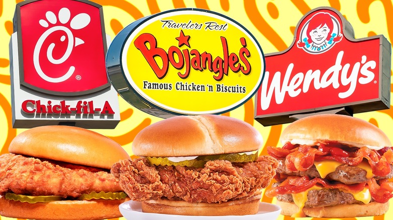 Logos for Chick-fil-A, Bojangles and Wendy's with foods in front of them.