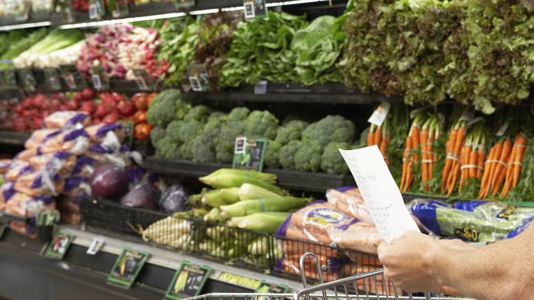 Hand holding shopping list in produce aisle