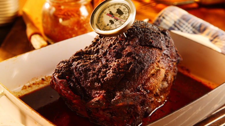 roasted pork shoulder with meat thermometer