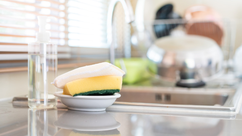 Clean sponges at kitchen sink