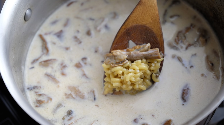 cooking porcini mushrooms and pasta cooking in pot with milk