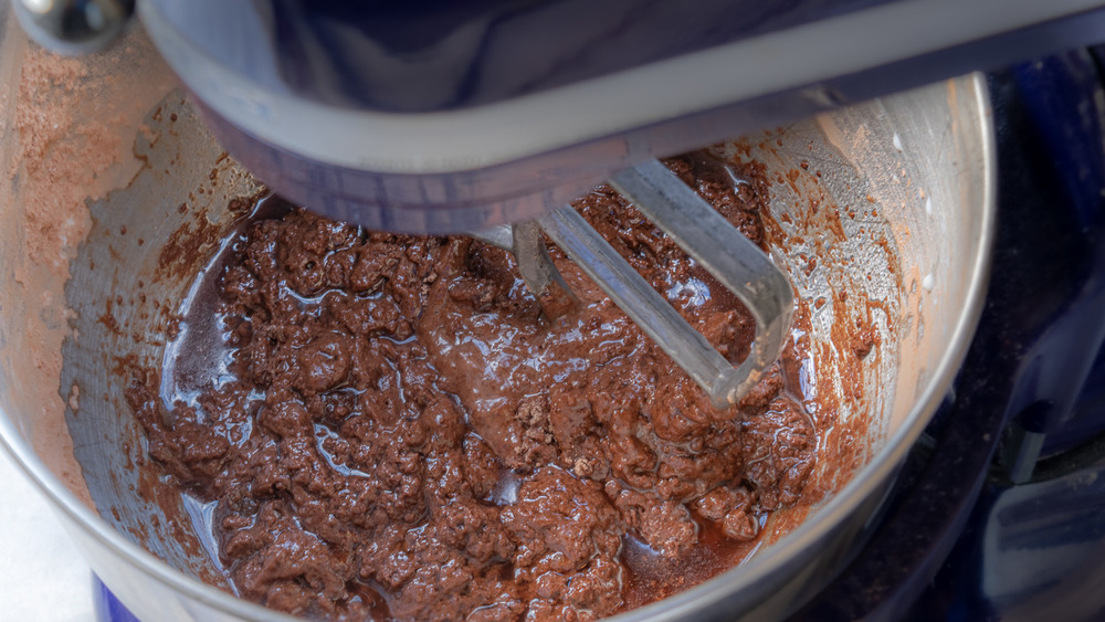 adding wet ingredients to black forest cake recipe