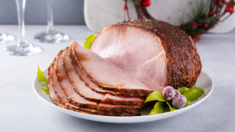 Sliced ham on platter