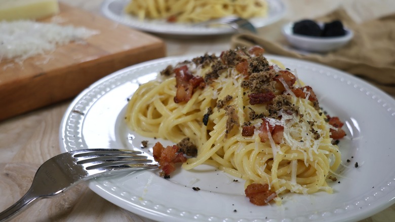 plated black truffle carbonara