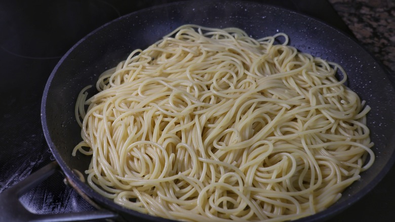 skillet of spaghetti