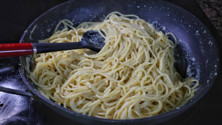 skillet of spaghetti carbonara