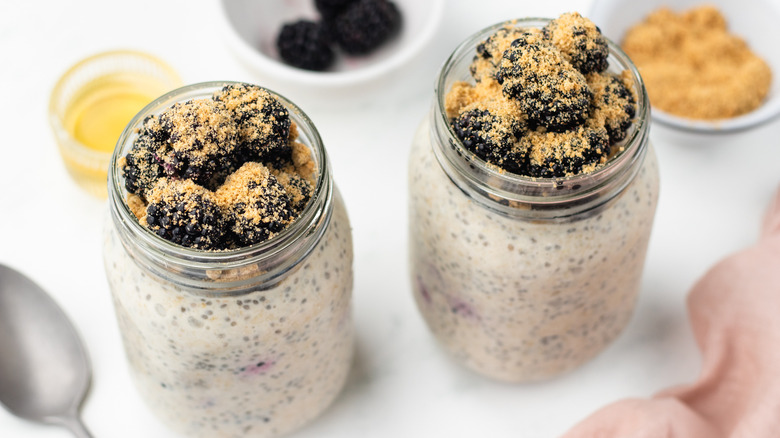 two jars of blackberry overnight oats