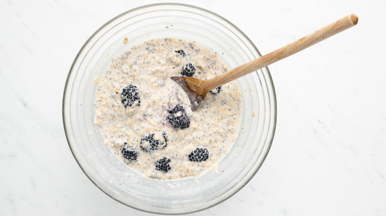 blackberry overnight oats mixture in bowl