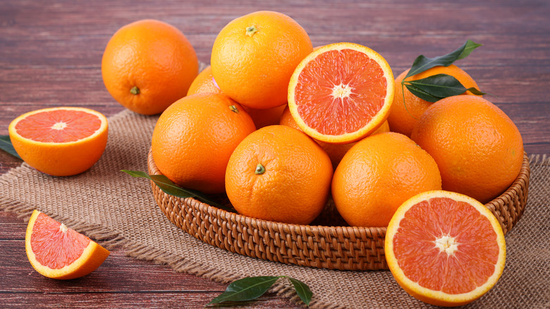 Pink-fleshed Cara Cara oranges in a basket