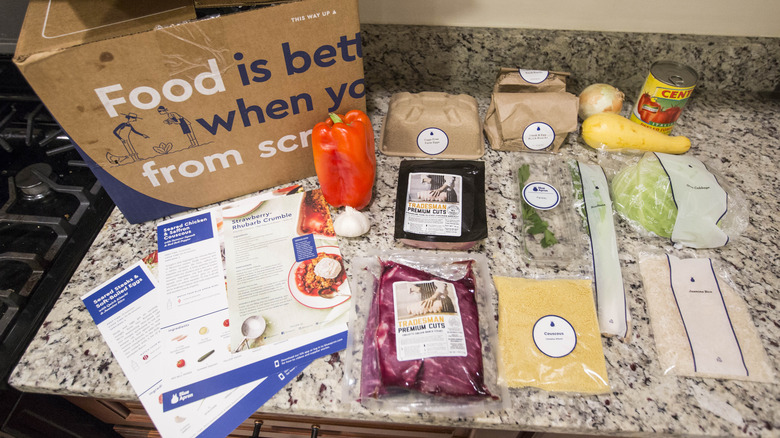 Blue Apron box with ingredients