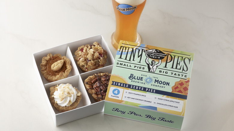 Box of Blue Moon Tiny Pies with beer