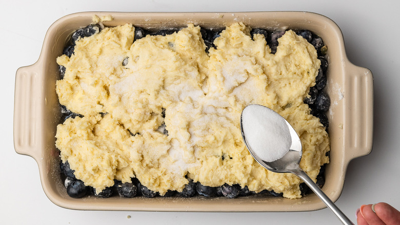 blueberry cobbler in a pan 