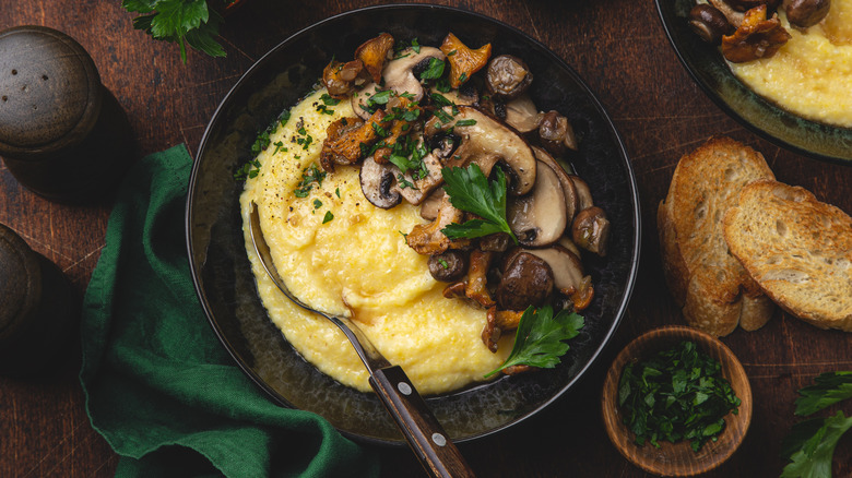 polenta and mushrooms on plate