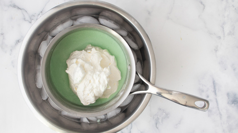 whipped cream on grasshopper pie filling