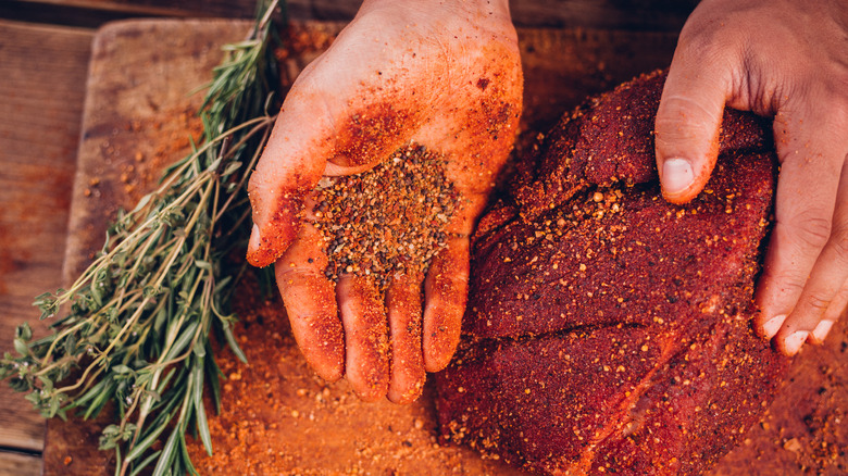 Hand with herbs and meat