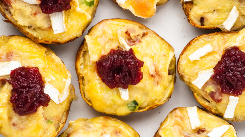 Close up of brie and bacon potato skins