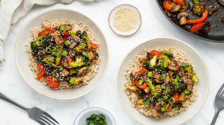 Served mushroom broccoli stir-fry