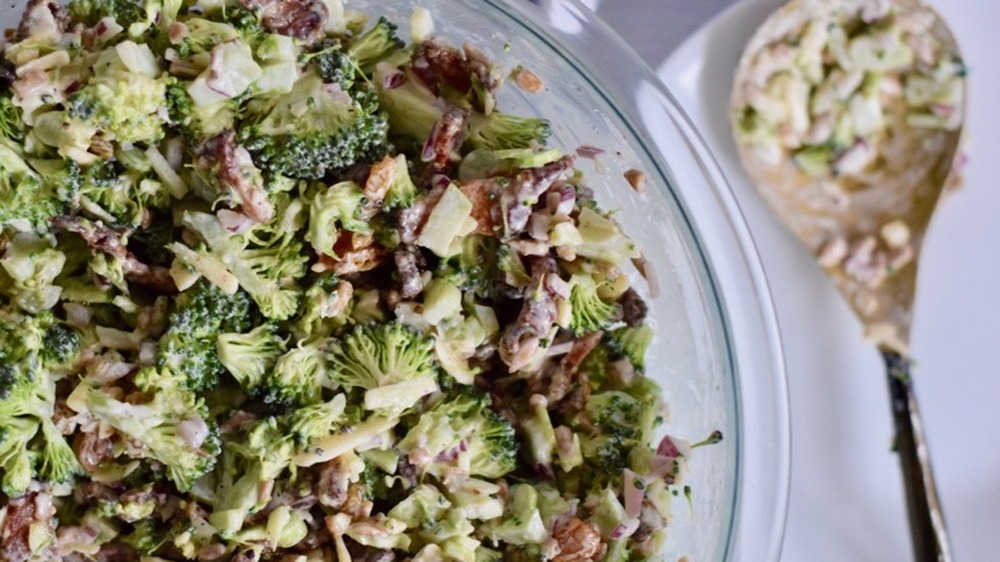 broccoli salad up close with serving spoon