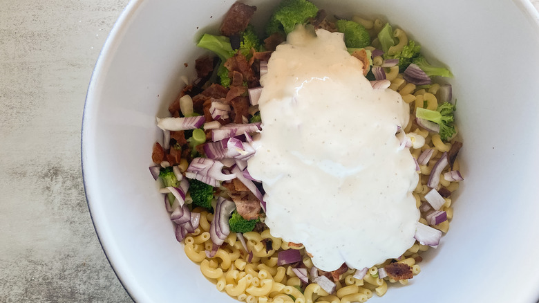 broccoli pasta salad in bowl