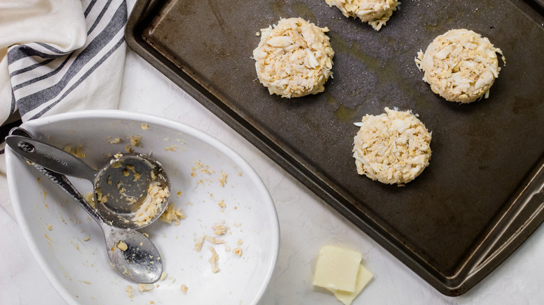 formed crab cakes on sheet