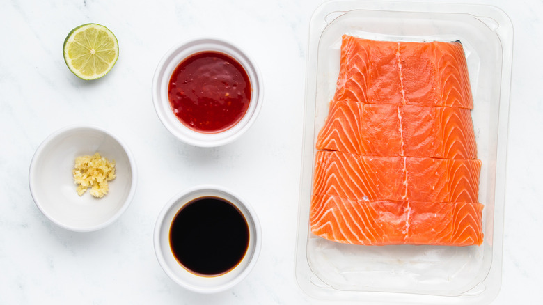 Sweet chili salmon ingredients laid out