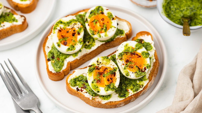 pesto and jammy eggs on toast