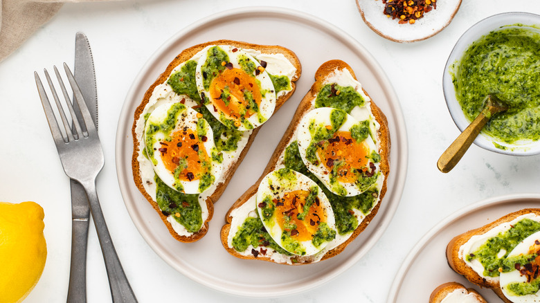 pesto and jammy eggs on toast