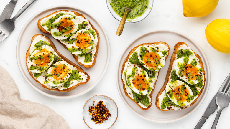 pesto and jammy eggs on toast