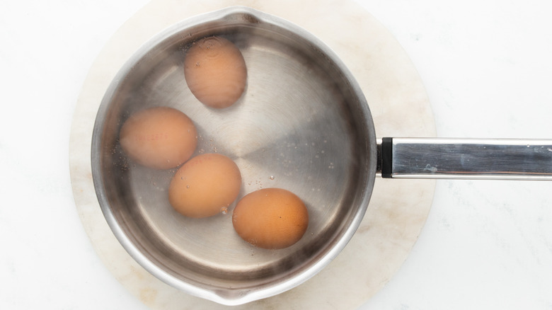 eggs in pan of boiling water