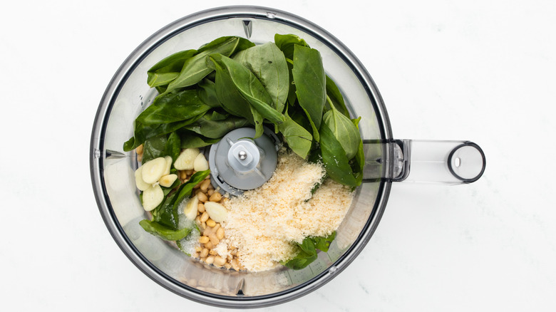 pesto ingredients in food processor