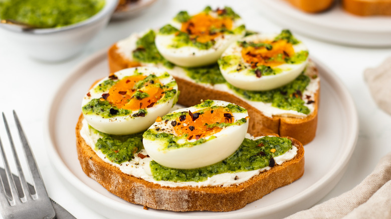 pesto and jammy eggs on toast