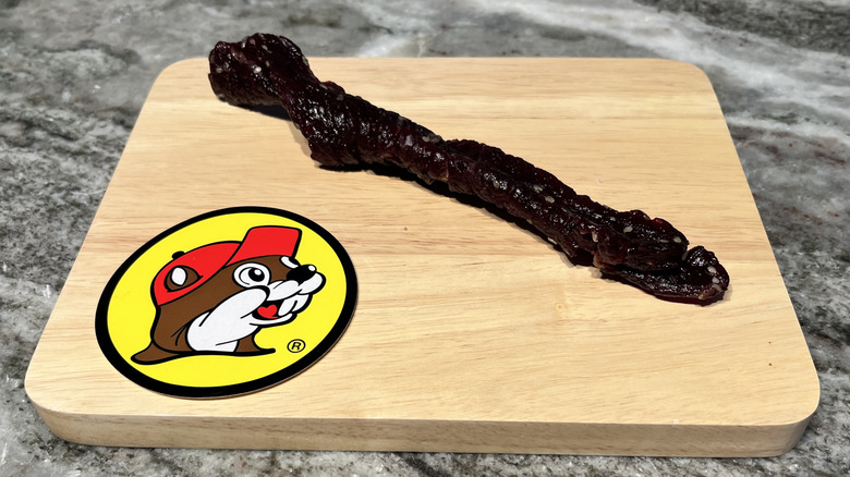 Buc-ee's Korean BBQ Beef Jerky strip on board