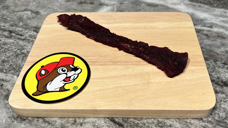 Buc-ee's Cherry Maple Beef Jerky strip on board