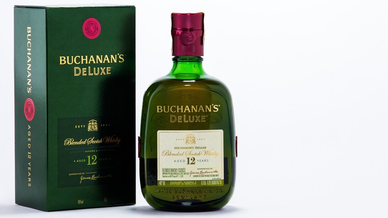 Bottle of Buchanan's 12 Year Scotch next to a packaging box