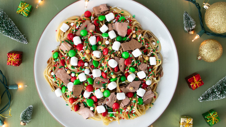 elf sweet syrup spaghetti with candy topping