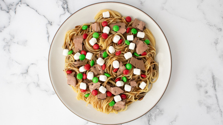 elf sweet syrup spaghetti with candy topping