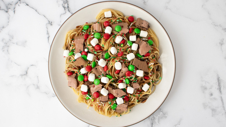 elf sweet syrup spaghetti with candy topping