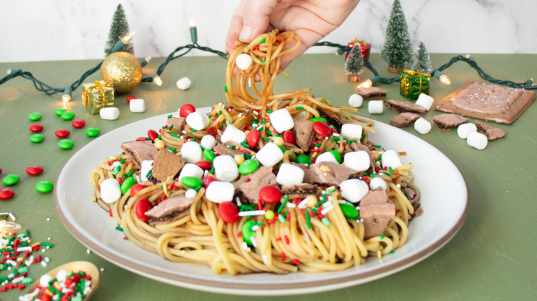 elf sweet syrup spaghetti with candy topping