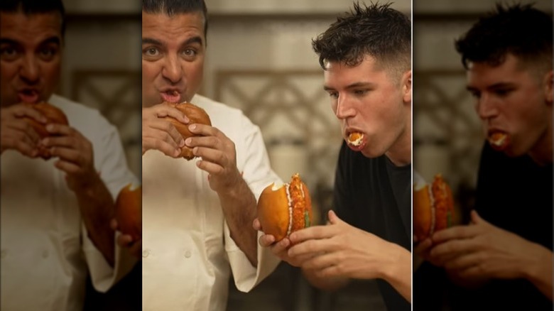 Buddy Valastro and Nick DiGiovanni eating chicken "sandwiches"