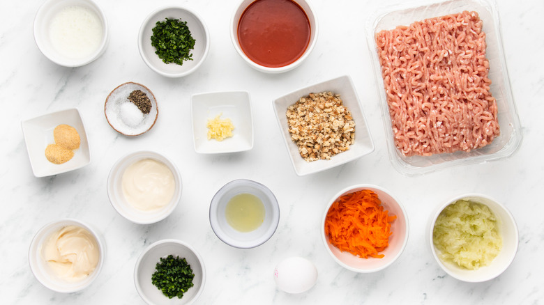 Buffalo chicken meatballs and ranch sauce ingredients laid out