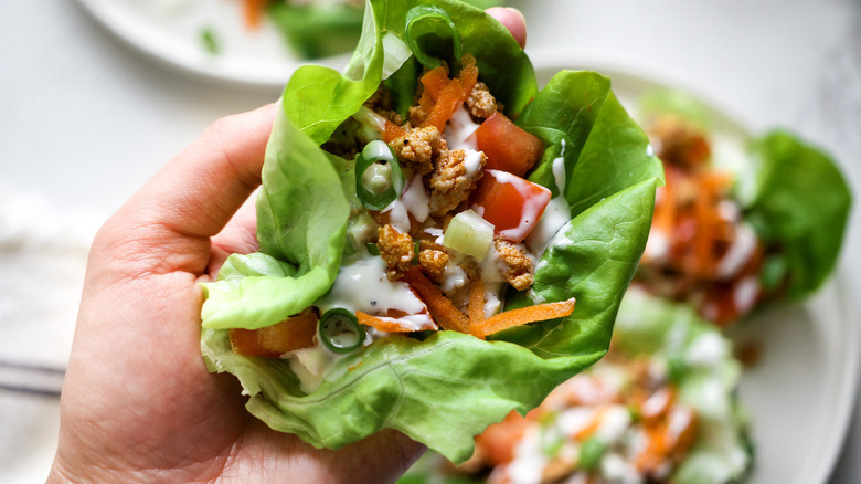 hand holding lettuce wrap