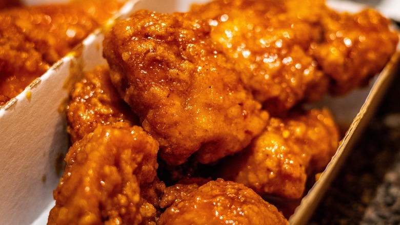 Close up of Buffalo Wild Wings honey garlic boneless wings