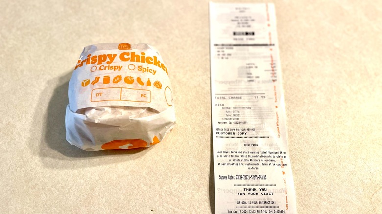 burger king sandwich and receipt