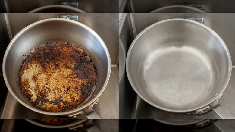 Side-by-side of dirty and clean pots