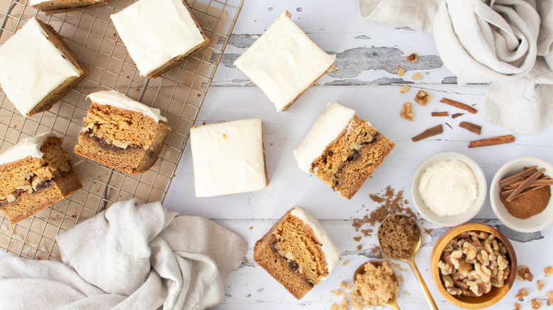 cinnamon roll blondies cut in squares