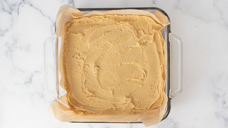 blondie batter in baking dish