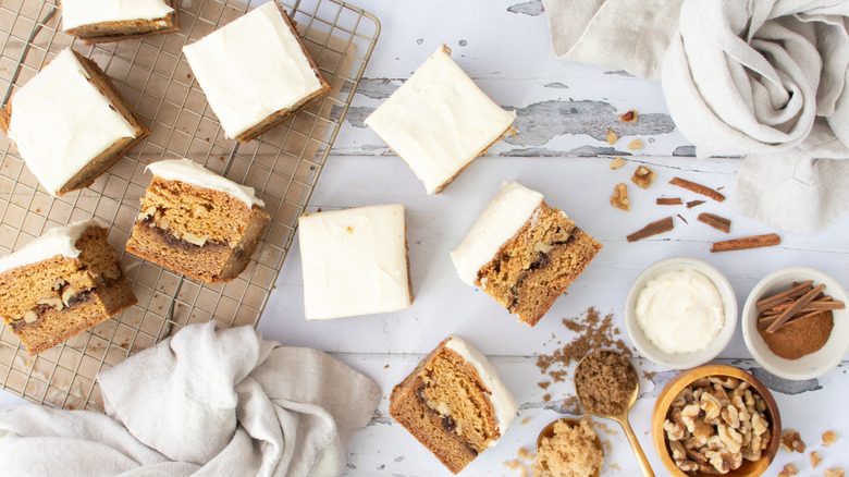 cinnamon roll blondies cut in squares